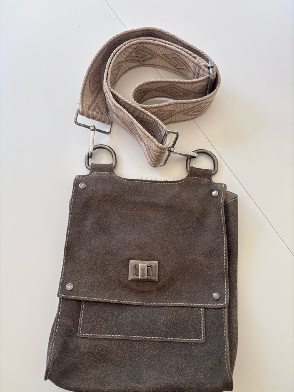 Genuine Leather Crossbody Messenger Bag in Taupe with Detachable Strap